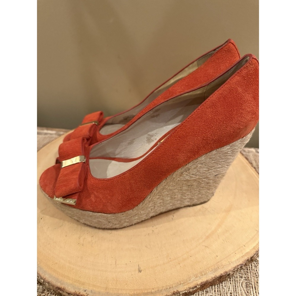 Michael Kors Bow Wedges Orange Slip On Espadrille Heels Size 8.5M Peep Toe Shoes - Picture 5 of 10